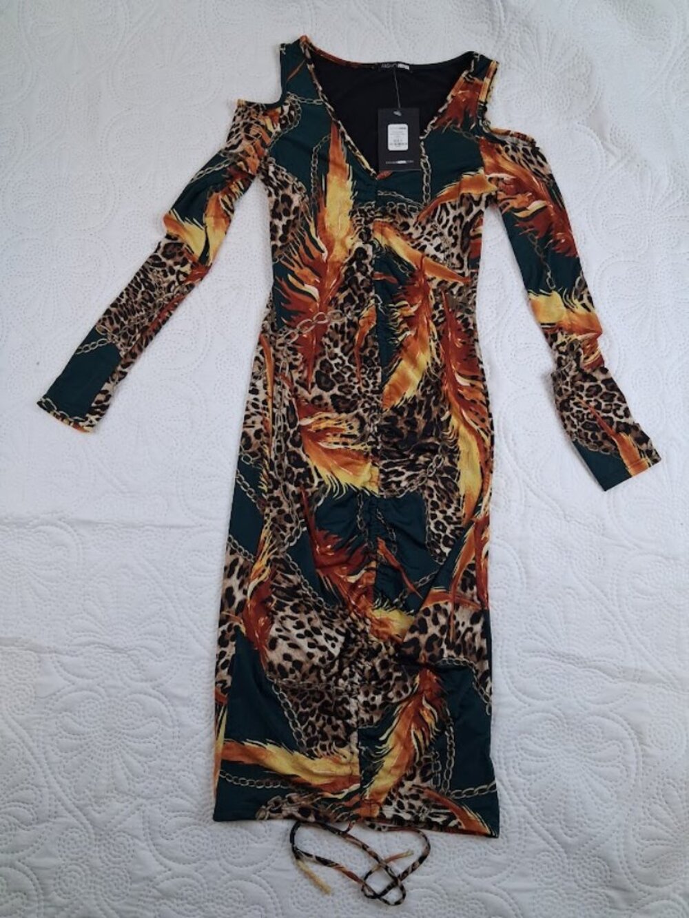 NWT Fashion Nova Always Sassy Ruched Midi Dress Leopard Cold Shoulder S